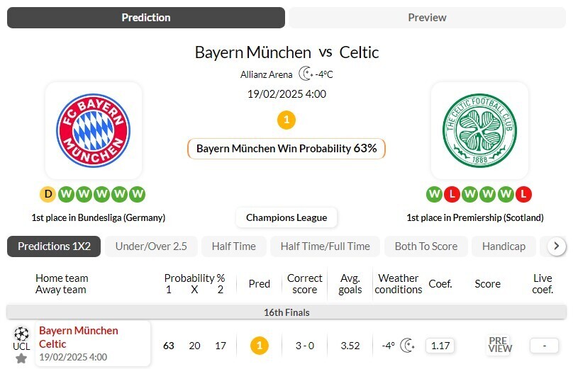 欧冠    拜仁慕尼黑VS凯尔特人