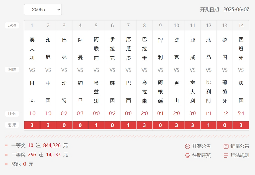 25085期足彩14场开奖
