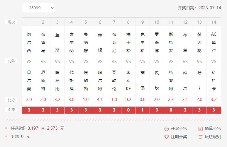 任选9场胜负彩开奖结果