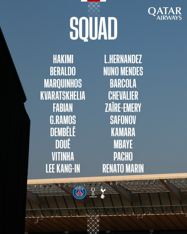 多纳鲁马被排除在巴黎圣日耳曼与托特纳姆热刺的超级杯比赛大名单之外