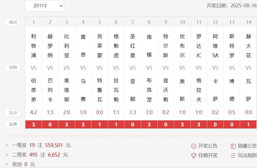14场胜负彩开奖结果