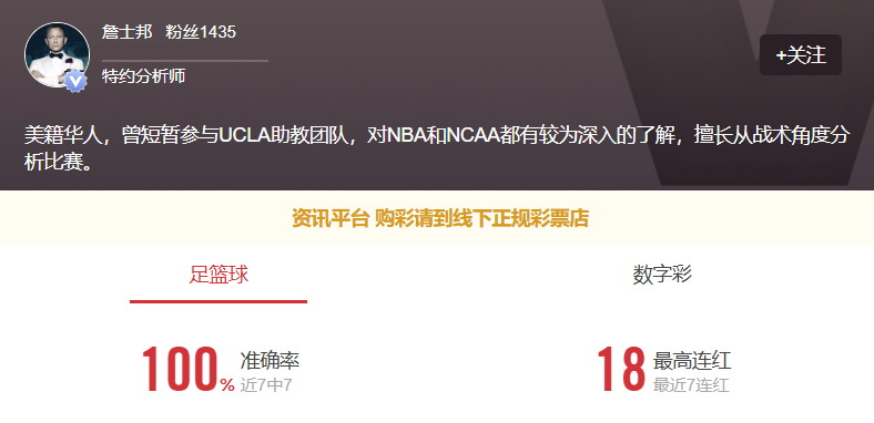 专家詹士邦状态不错！更多篮球信心场次推荐点点关注不迷路！